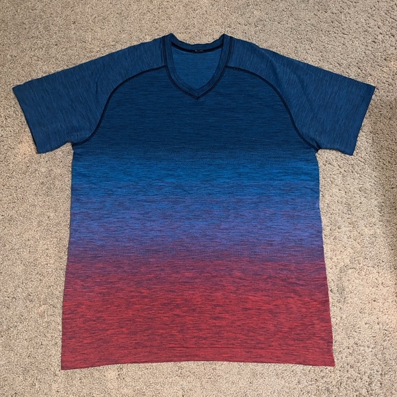 Lululemon Metal Vent Tech Short Sleeve V Neck Shirt Deep Navy Blue Red Ombre XL - Picture 3 of 8